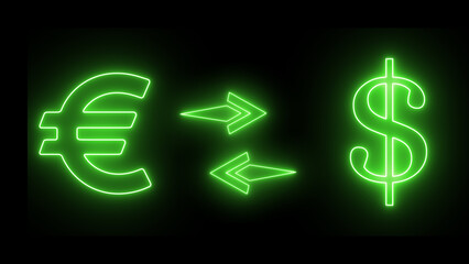 Neon Currency exchange icon. Neon illustration dollar to euro icon on black background.