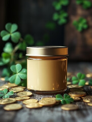 single cream jar with metallic lid surrounded by coins and clovers
