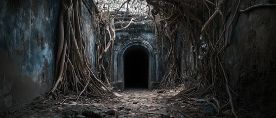 Eerie stone archway tunnel entrance covered in gnarled roots and vines, creating a spooky and mysterious atmosphere in a forgotten place