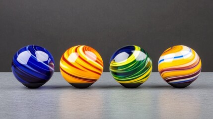 Colorful marbles arranged in a row on a gray surface, showcasing vibrant patterns and textures