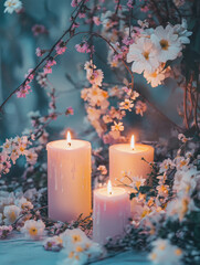 Soft candles surrounded by delicate flowers create serene atmosphere