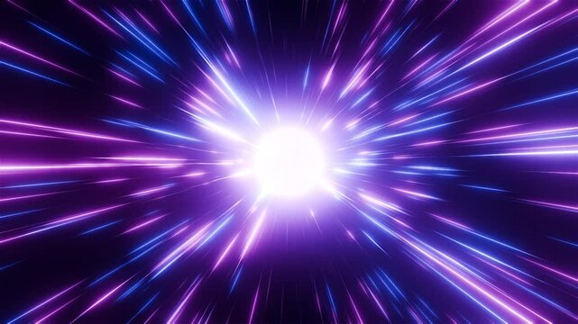 Horizontal glowing lines move in space. Abstract fluorescent background. Hyperspace. Neon background. Light trail wave, fire path trace line, car lights, optic fiber. 3D 4K loop animation.