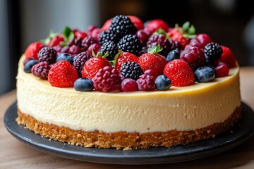 Delicious Berry Topped Cheesecake with Creamy Texture and Golden Crust