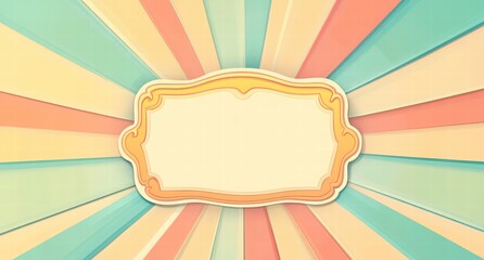 vintage retro background with sunburst rays and ornate frame, grunge texture, retro color palette of beige, green, blue, and red, vector illustration for posters, banners, and invitations
