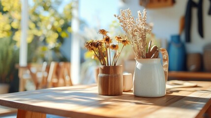 A bright room in Scandinavian style - wooden furniture, dried flowers. 