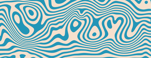 Abstract wavy background with blue and beige colors. The background features blue lines creating a flowing, organic texture. Psychedelic pattern background vector. Blue background.
