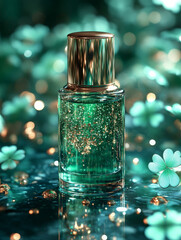 Elegant green nail polish bottle with metallic cap and glitter