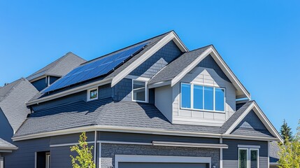 A modern home with a solar attic fan on the roof, illustrating how it helps maintain a cooler attic space during summer