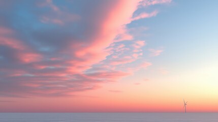 Serene Sunset Over Calm Ocean with Wind Turbine in the Distance