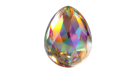 A 3D crystal-like egg with refractive properties, reflecting rainbow highlights