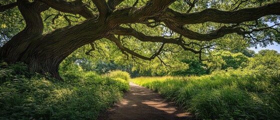 Naklejka premium Serene nature trail under the shade of a majestic oak tree in a lush green meadow on a sunny day Concept of tranquility, escape, and natural beauty
