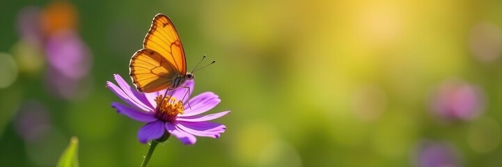 Fototapeta premium Vibrant orange butterfly perched on a lush purple flower in a sun-drenched meadow , macro, nature