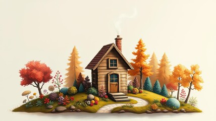 Cozy Autumn Cottage Fairytale Home Fall Landscape Wooden House Idyllic Scene