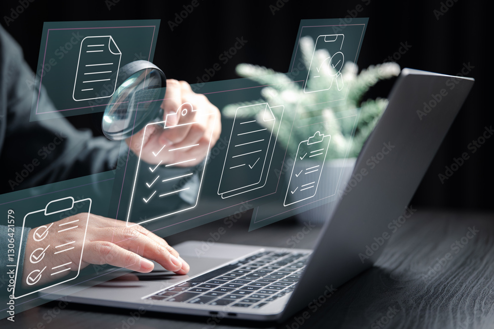 Poster Quality Control and Auditing. Highlights the importance of inspections, validation, and accuracy in business operations, using technology to streamline the process.