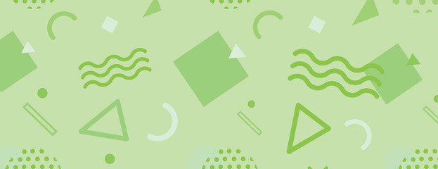Green geometric background with light green and dark green shapes. The background features a playful, abstract style with green hues. Fun memphis pattern background. Green background vector.