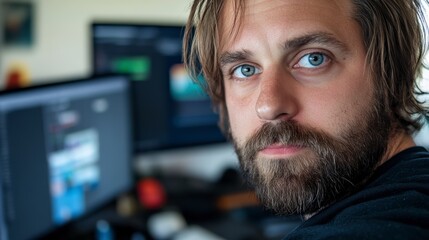 Close Up Portrait of Bearded Man Working at Home Office