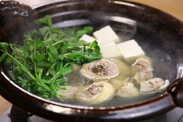 Chicken, watercress and tofu hot pot, Japanese home cooking