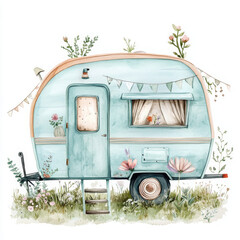 charming vintage caravan surrounded by flowers and greenery, evoking bohemian vibe