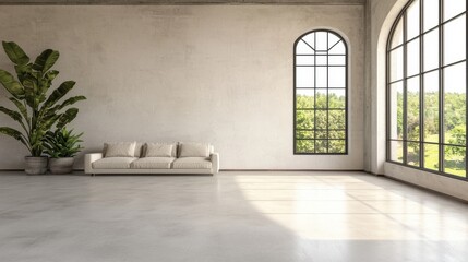 Modern Minimalist Interior with Large Windows and Green Plants