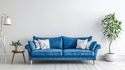 Cozy farmhouse living room featuring blue furniture against a simple white background, offering a calm and inviting atmosphere
