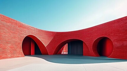 Contemporary Red Architecture Featuring Curved Walls and Arched Openings Under Bright Blue Sky