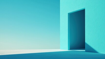 Fototapeta premium Minimalist Blue Wall with Open Doorway Against Clear Sky