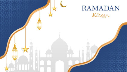 Ramadan Kareem greeting card with mosque and golden stars. Vector illustration