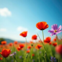 Fototapeta premium Vibrant red, orange, & purple poppies swaying gently in spring breeze, design, art, environment