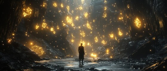 Solitary man in a cavern of glowing crystals, exploring a magical fantasy landscape with a sense of wonder and discovery Concept of adventure, mystery, and the unknown