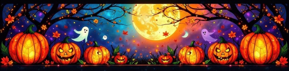 Vibrant stained glass pumpkins & ghosts Halloween autumn design , vibrant, dark, decor