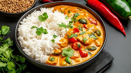 Creamy Chicken Curry with Fluffy Rice and Chili Peppers