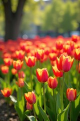 Obraz premium Vibrant tulips blooming in city hall garden beds, gardening, urban, hyacinths