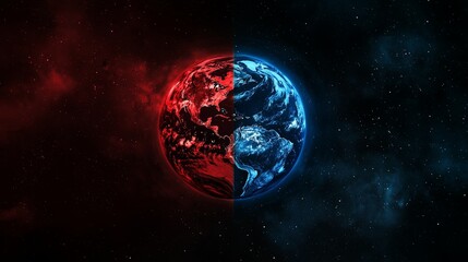 Earth split into red and blue, symbolizing global polarization and division.