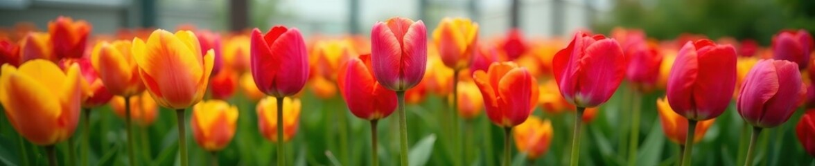 Vibrant tulips in full bloom, diverse colors, greenhouse setting , colorful, flower garden