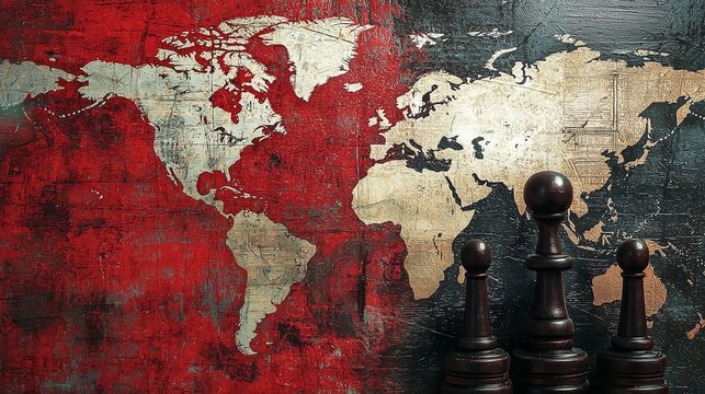 World map with chess pieces symbolizing geopolitical strategy and power dynamics.