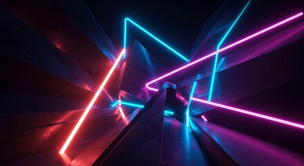 Neon Geometry: Dive into an abstract world of vibrant neon lights forming geometric shapes in a dark space, a modern display of futuristic art. 