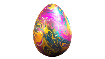 A vividly colored rainbow egg adorned with swirling marble-like patterns, capturing photorealistic shine and depth