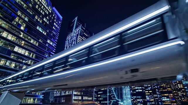 A futuristic maglev train glides through a urban landscape at night. Neon lights, modern architecture and a dynamic city