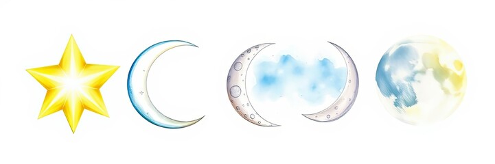 Obraz premium Celestial Watercolor Star Crescent Moons Full Moon Night Sky Dreamy