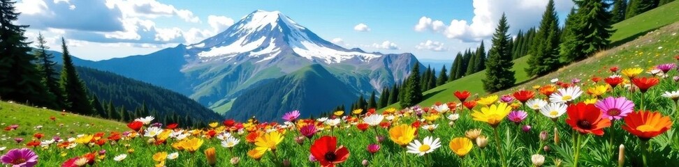 Fototapeta premium Vibrant wildflowers carpet subalpine meadow, Mt Rainier's slopes , wildflowers in bloom, colorful flowers, vibrant colors