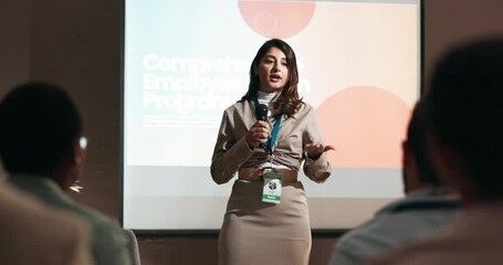 Business, development and presentation with woman speaker in conference room for training. Education, forum speech and microphone with corporate coach on stage for public relations or seminar