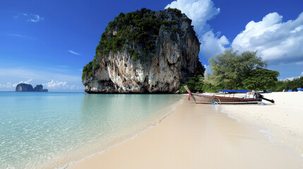 Obraz premium serene beach scene featuring clear turquoise water, sandy shore, and rocky island backdrop under bright blue sky
