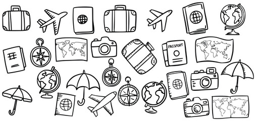 Set of hand-drawn travel icons and illustrations of various objects for travel communication, and design