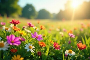 Fototapeta premium Vibrant wildflowers carpet sun-drenched field , bright, flowers, summer