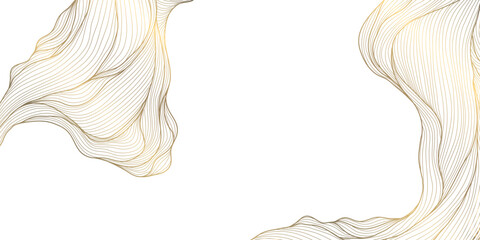 Vector gold and white line wave art, japanese golden clouds, luxury sea ornament at corners. Water oriental banner, river fluid abstract template, wallpaper.
