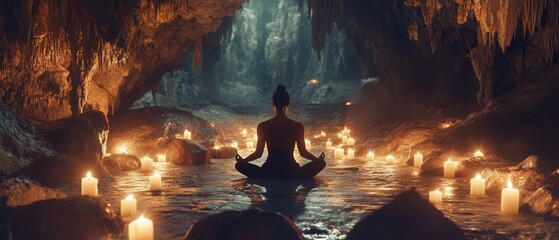 Serene woman meditating in lotus position inside a candlelit cave for mindfulness and spiritual wellness Concept of relaxation, tranquility, and inner peace