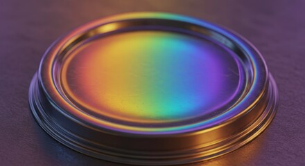 Prismatic Reflection: A close-up shot of a metallic, circular dish, reflecting a mesmerizing spectrum of rainbow colors, suggesting creativity and vibrancy