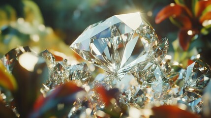 Large diamond amidst smaller crystals in a vibrant, sunlit garden setting