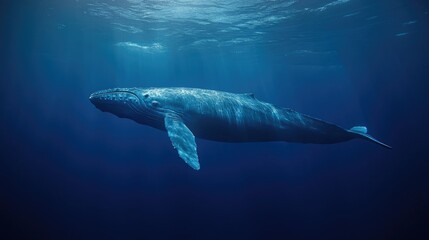Fototapeta premium A large blue whale swims gracefully underwater through clear water
