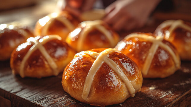 Close-up of traditional Hot Cross Buns, golden brown and fluffy, freshly out of the oven. A classic spiced bread roll enjoyed during Easter celebrations